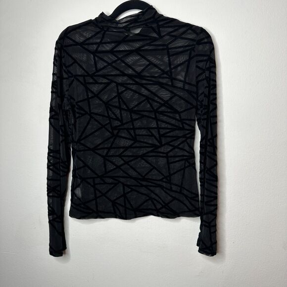 Jet Black Geometric Stripe Sheer Mesh Long Sleeve Mock Neck Stretch Blouse M - Picture 4 of 11